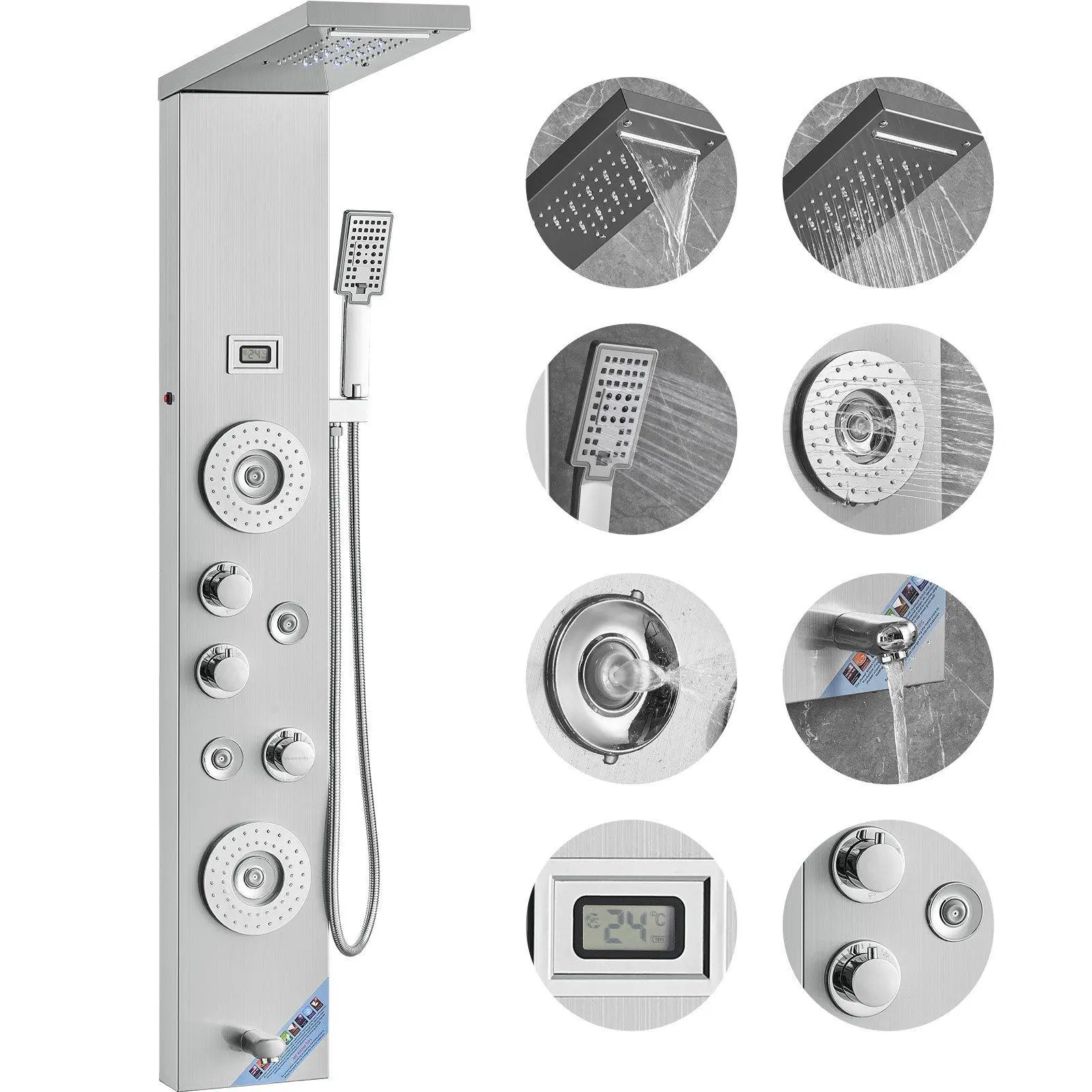 【SummerFinds】VEVOR Shower Panel System, 6 Shower Modes, LED & Display Shower Panel Tower, Rainfall, Waterfall, 4 Body Massage Jets, Tub Spout, Handheld Shower Head 59" Hose, Stainless Steel Wall-Mounted Shower Set