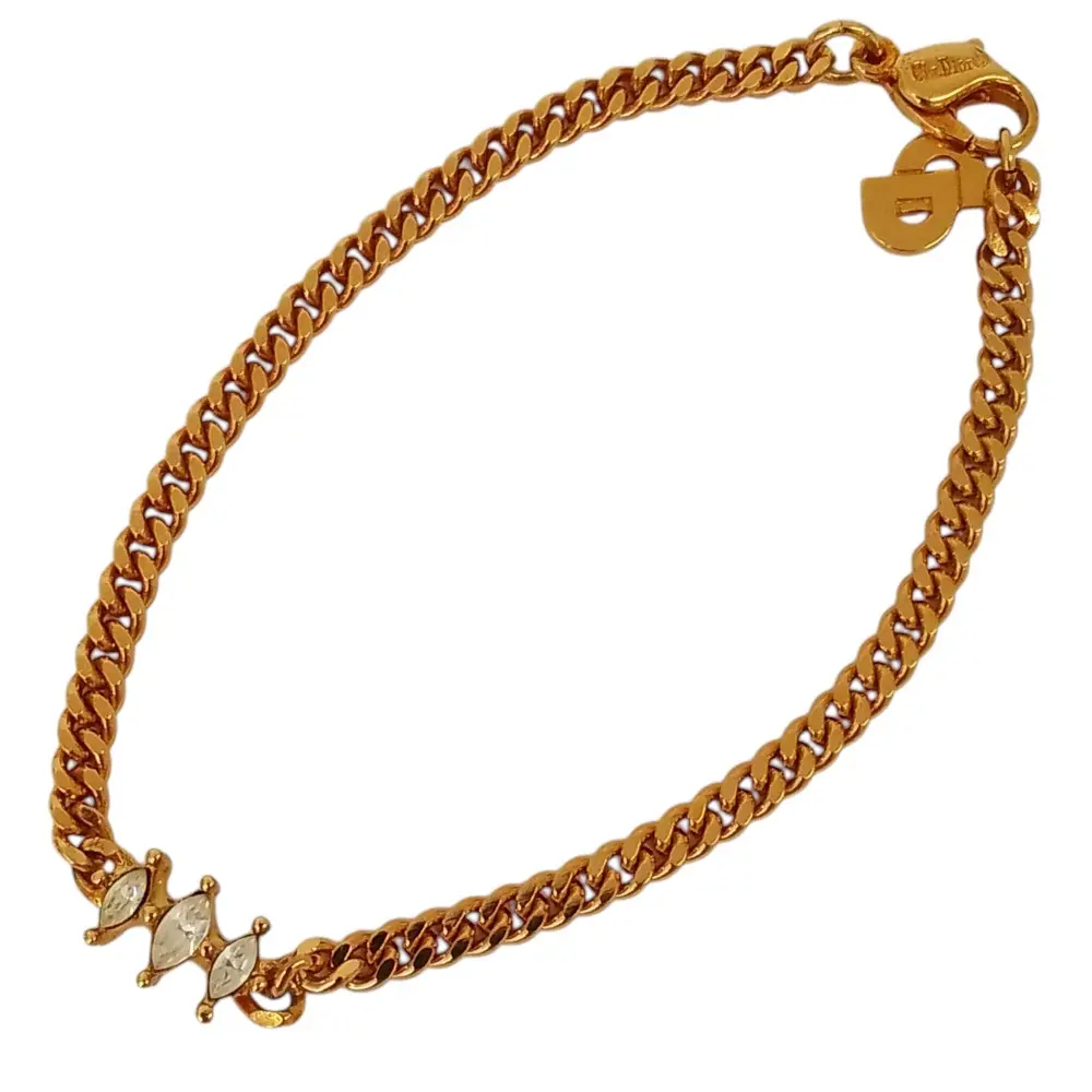 Pre-owned Dior Gold-plated Small Leather Goods Christian Vintage Triple Rhinestone Chain Bracelet