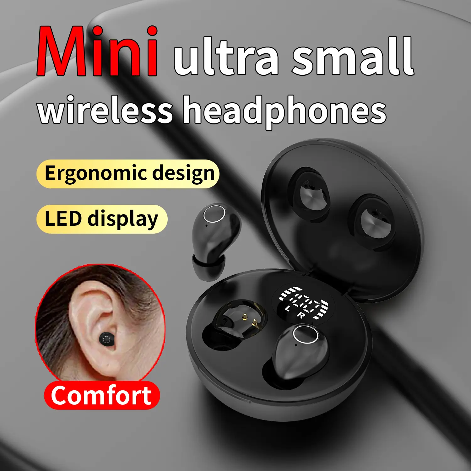 Wireless sleep earphones, mini Bluetooth earphones, touch operation, silicone in ear for long-term wear, LED digital display, high-definition sound quality, compatible with smartphones, noise cancelling earphones suitable for sleep, work, and gaming