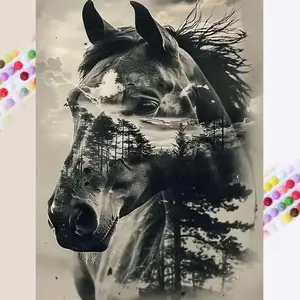 5D DIY Diamond Painting Kit, Horse Forest Clouds Design, Full Round Drill Art Set, Home Decor Gift, Handmade Gifts, Creative Needlework Craft, Wall Art Painting