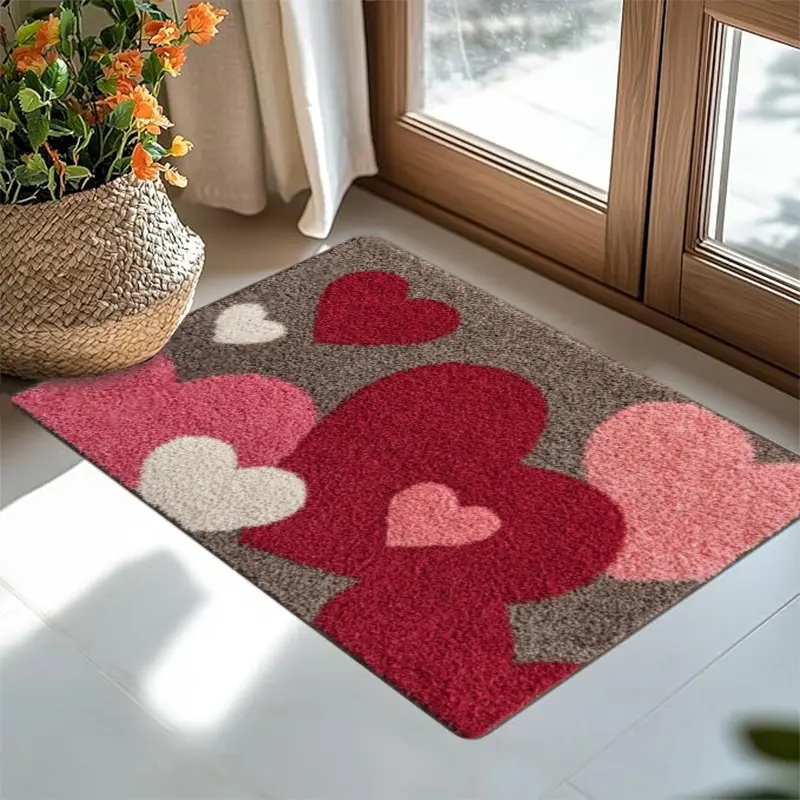 Plush Texture Heart Shapes Synthetic Polyester Vinyl Rectangle Doormat - Non-Slip, Low Pile, Machine Washable for Indoor/Outdoor Entryway, Bathroom Home Decor Gift, 19.69in*31.49in 50cm*80cm