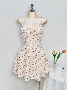 Women's Waist-Cropped A-Line Floral Dress, Front Pleated and Bow Decoration, Elegant Summer Dress, Perfect for Casual Wear