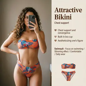 Women Bright Orange Tropical Palm Leaf Hibiscus Print Strapless Bandeau Bikini Set No Shoulder Strap Padded Top High Cut Cheeky Bottom 2 Piece Bathing Suit for Beach Pool Tropical Island Summer Vacation Photoshoot
