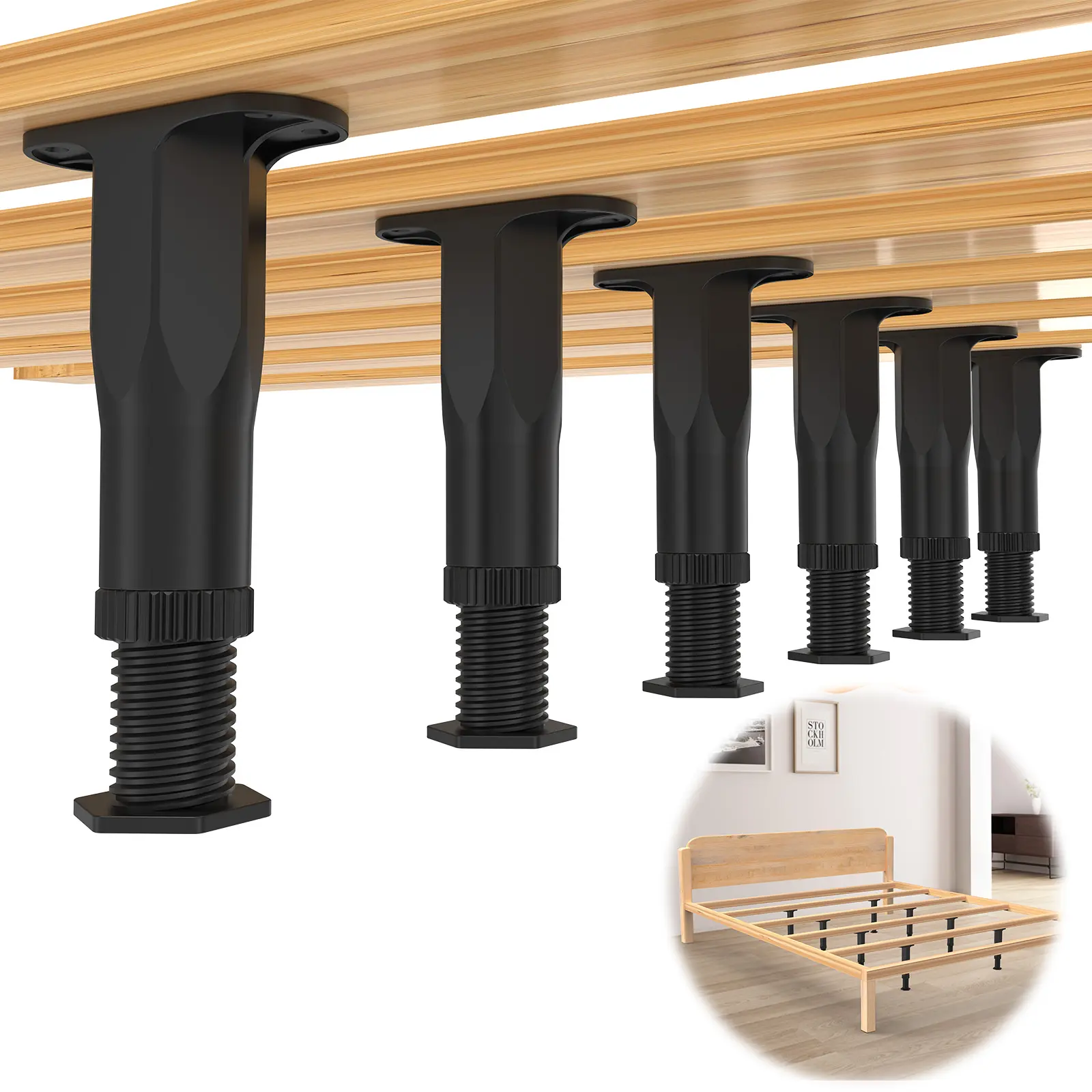 Yuleimy Adjustable Bed Frame Support Legs (8.3-14.5" or 5.1-8.3"), Heavy Duty Slat Legs & Bed Legs Replacement for King/Queen Size Bed Slats, Hardware Included, Black, 4/6/8 PCS