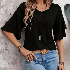 Flare Sleeve V Neck T-Shirt, Casual Solid Color Tiered Top For Spring & Summer, Women's Clothing Minimalist Short Basic Comfort Womenswear blouse