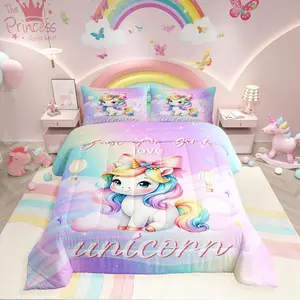Girls Unicorn Toddler Bedding Set,Rainbow Purple Unicorn Kids Comforter Set,Kawaii Room Decor,Cute Pink Bow Knot Bed Set,Reversible Stars Printed Light Weight Comforter Printed Blanket Light Weight Blanket