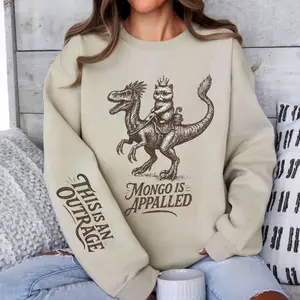 Mongo Is Appalled Sweatshirt, This Is An Outrage Sleeve Print, Funny Fantasy, Dungeon Crawler Carl Inspired Sweatshirt, Cat Riding Dinosaur Tee, Sarcastic Quote, Unisex Long Sleeve Crewneck