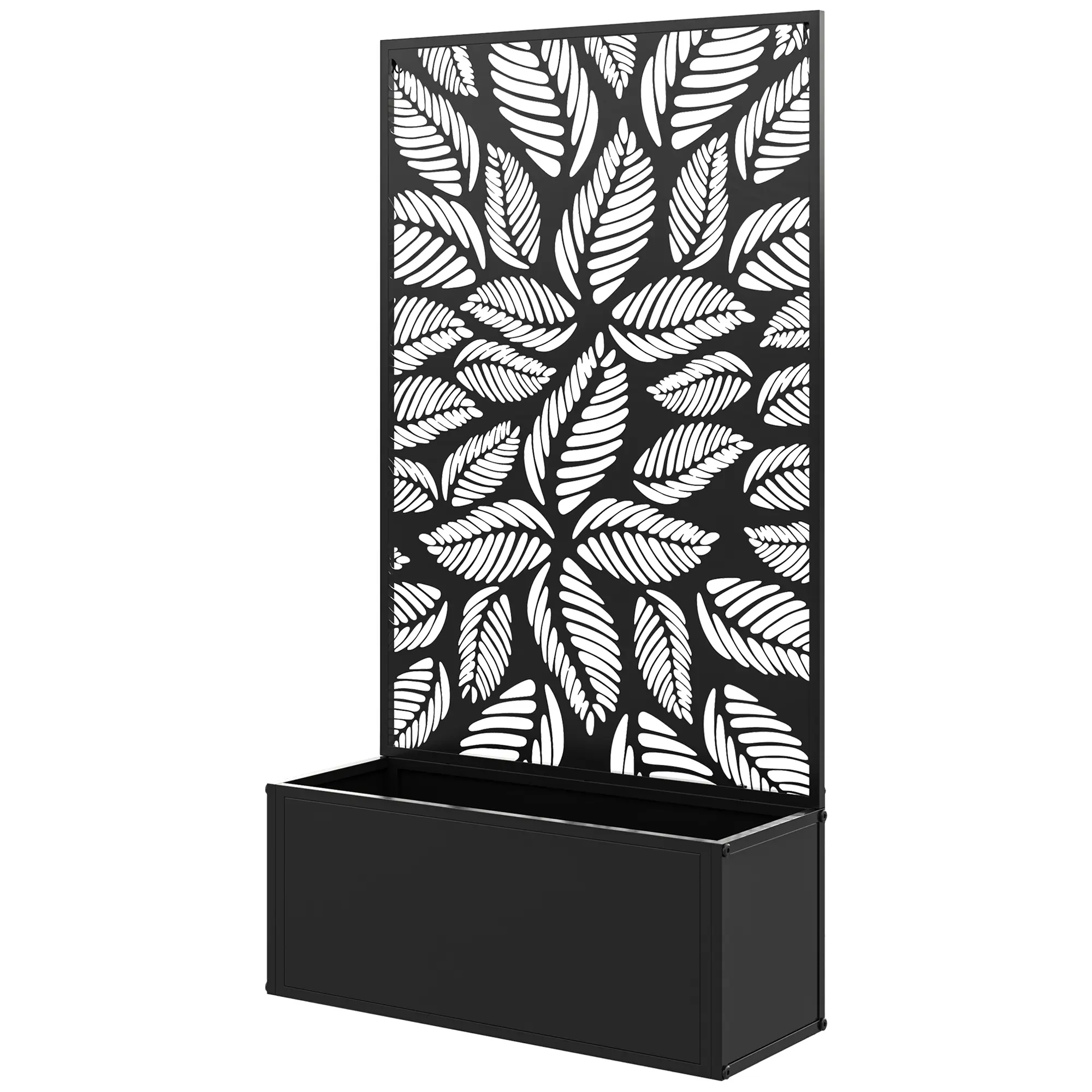 Powder Coated Metal Raised Planter Box With Leaf Pattern Cutout Trellis Dual Use Freestanding Or Wall Mounted Built In Drainage Slits 8 Gallon Soil Capacity For Garden Patio Balcony Climbing Plant Cultivation