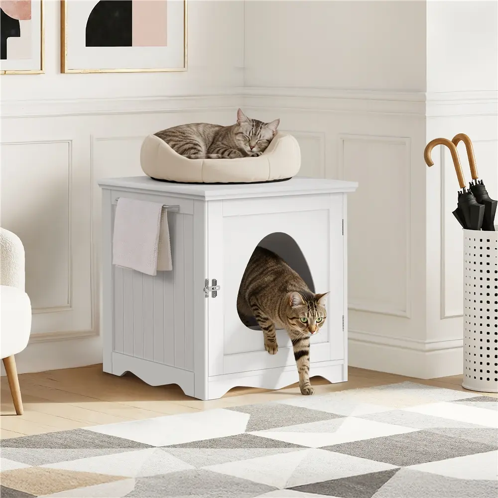 Costoffs Modern Hidden Cat Litter Box Furniture with Door & Towel Bar, Wooden Pet Washroom Side Table