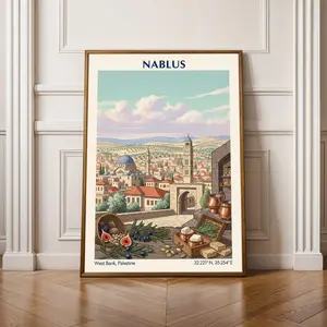 Nablus Palestine Travel Poster Vintage Illustration, Middle East Wall Art Print, West Bank Cityscape Decor, Cultural Landscape Artwork
