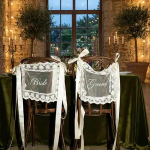 Bride & Groom Chair for Wedding Sweetheart Table Decor Set of 2, Sheer Lace Just Married Wedding Chair Banners with Ribbon, Vintage Bride & Groom Chair for and Reception Decor