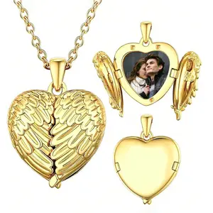 Open and Close Wings Heart-shaped Photo Box Necklace Pendant Can Hold Photos Anniversary Gift Punk Style Exquisite Jewelry Gift