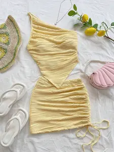 WYWH Vacation Knit Textured Crisscross Halter Neck Asymmetric Tank Top + Knit Textured Drawstring Bodycon Skirt Set Two Pieces Summer Set Skirt Butter Yellow Two Pieces Set Two Pieces Skirt Set Off The Shoulder Christmas Tops For School Back To School Out