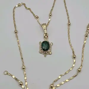 TURTLE FASHION necklace with Green  and clear stone's gold-plated rosary chain style 24"inches
