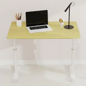 Adjustable study desk suitable for children and adults, height-adjustable, multifunctional home office desk, compact design, desktop dimensions: 60cm × 100cm, white frame with natural wood-colored tab