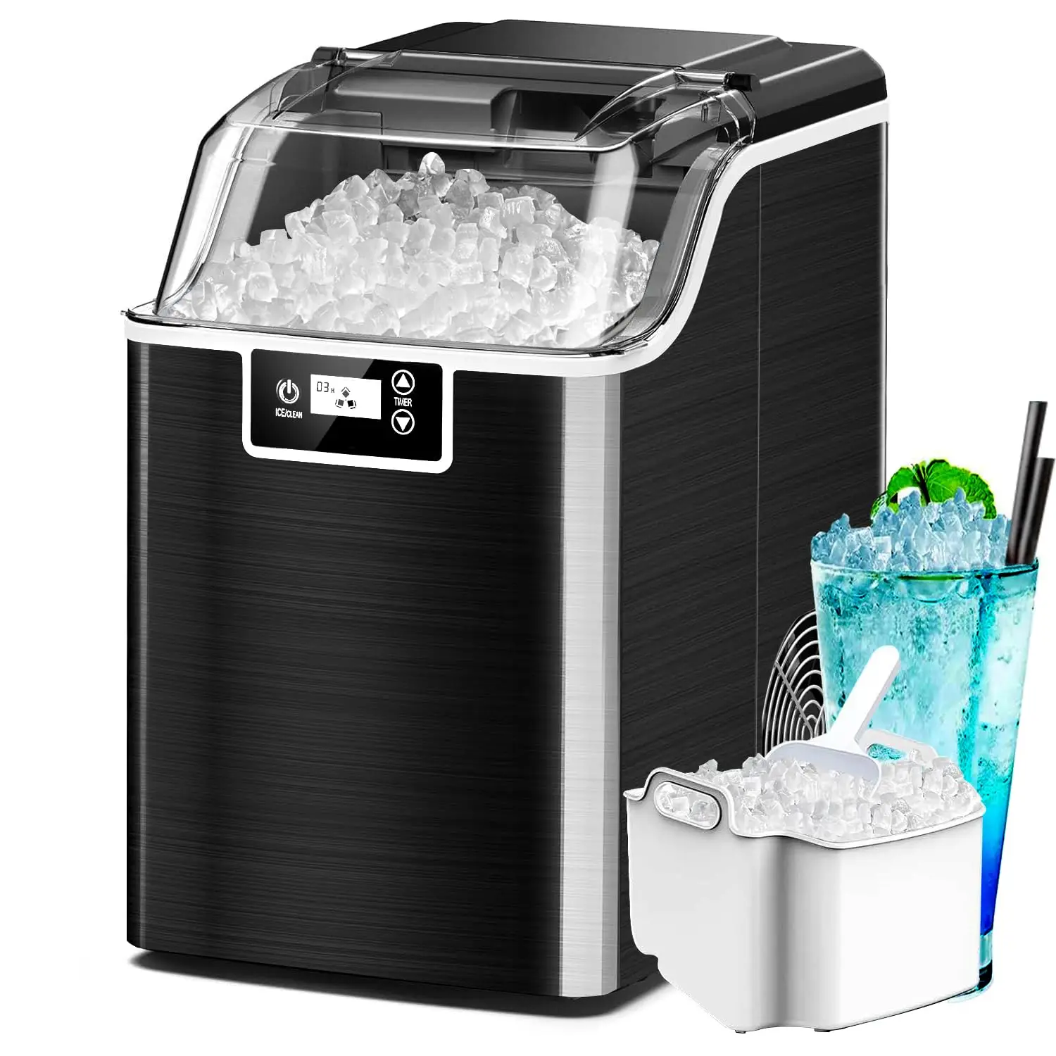 Nugget Ice Makers Countertop,45lbs/Day,Nugget Ice Maker with 24H Timer,3.3 Pounds a Basket in 1.5-Hour,Self Cleaning Ice Makers,Crushed Ice Maker for