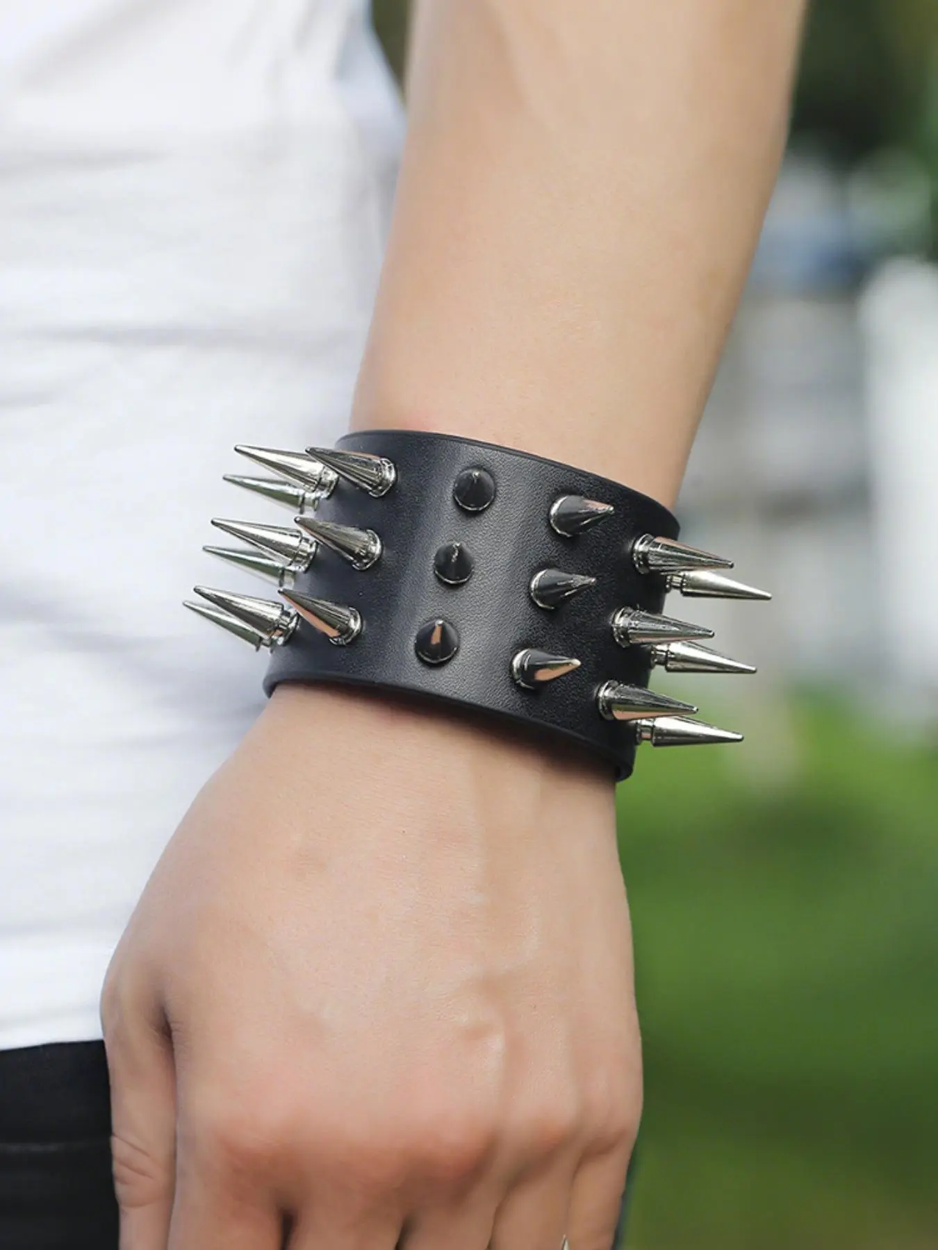 Exclusive Punk Studded Belt with Gothic Spike PU leather Bracelet , 2 Pcs set 4 Pcs Punk Rock Studded Bracelet Set, PU Leather Cuff  main image 4