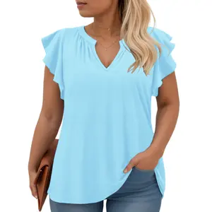 VOGARCE Plus-Size Notched V Neck T Shirts Womens Summer Tops Cute Dressy Ruffle Short Sleeve Blouses Trendy Casual Tunics Tee VPS0153