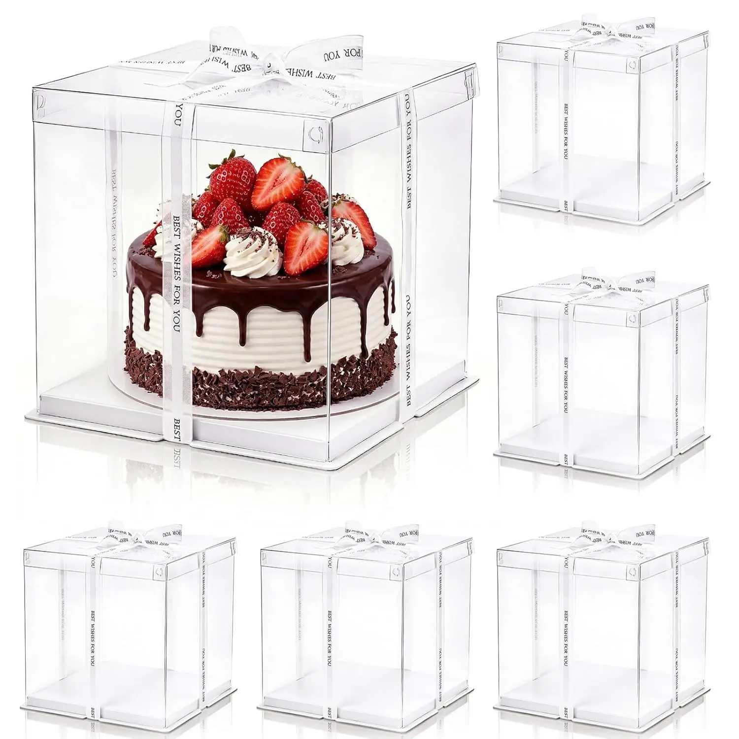 6 Pcs Clear Cake Box with Ribbon, 2-Layer Tall Cake Packaging Boxes 8x8x9 Inch, PET Cake Carrier Transport Container for Tiered Cakes, Transparent Gift Display Boxes with Lid for Birthday Party