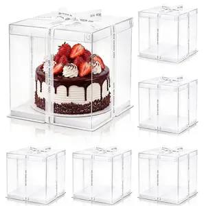 6 Pcs Clear Cake Box with Ribbon, 2-Layer Tall Cake Packaging Boxes 8x8x9 Inch, PET Cake Carrier Transport Container for Tiered Cakes, Transparent Gift Display Boxes with Lid for Birthday Party