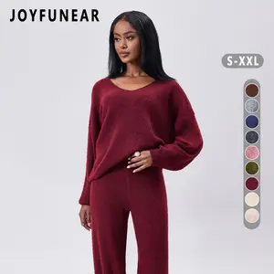 [US shipping]Joyfunear Women's V-Neck Knit Sweater & Wide-Leg Pants Lounge Set - Cozy, Chic, and Comfortable for Casual Wear - Soft Knit Fabric, Long Sleeves, High Waisted Pants