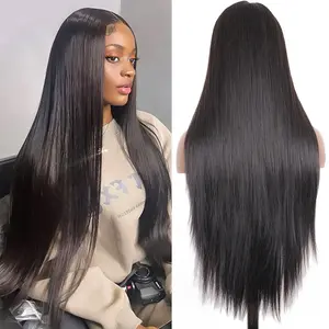 MIRELLE Straight 30 Inch 13x6 HD Lace Front Synthetic Wig 220% Density #1B Natural Black Free Part Pre-Plucked 350°F Heat Resistant Anti-Tangle Breathable for Work Subway Lunch Breaks