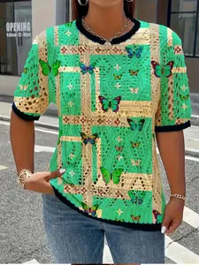 Women's Boho Mint Geometric Colorblock Butterfly Print Round Neck Short Sleeve Knit Sweater, Casual Comfortable All Seasons
