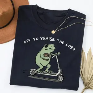 Christian T-Shirt, Unisex Garment-Dyed Tee, Funny Frog Off To Praise The Lord, Bible Study Shirt, Jesus Church Faith Humor,