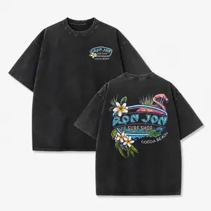 T-Shirt 230g Heavyweight Vintage Washed Cotton Tropical Flamingo Surfboard Graphic Print Dual-Sided Beach Carnival Design Loose Fit Crew Neck Short Sleeve for Men Women Summer Surfing Parties Beachwear Machine Washable