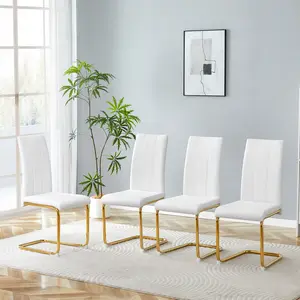 Modern High Back Dining Chairs Set of 4, White PU Leather Upholstered Kitchen Chairs with Gold Metal Legs for Dining Room, Living Room & Office