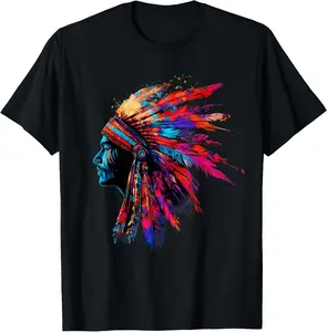100% Cotton Native American Feather Headdress Indian Chief Indian Tribe T-Shirt