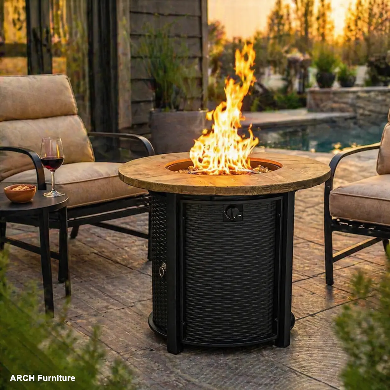 Heavy Duty Tabletop Fire Pit - Modern Round Steel Fire Pit (30x30x24 in, 30 lbs), 50000 BTU, Imitation Wood Grain Finish, Smoke-Free Heating, Weather-Resistant Magnesium Oxide & Glass Components, Adjustable Flame Knob, Included Cover for Patio, Backyard,