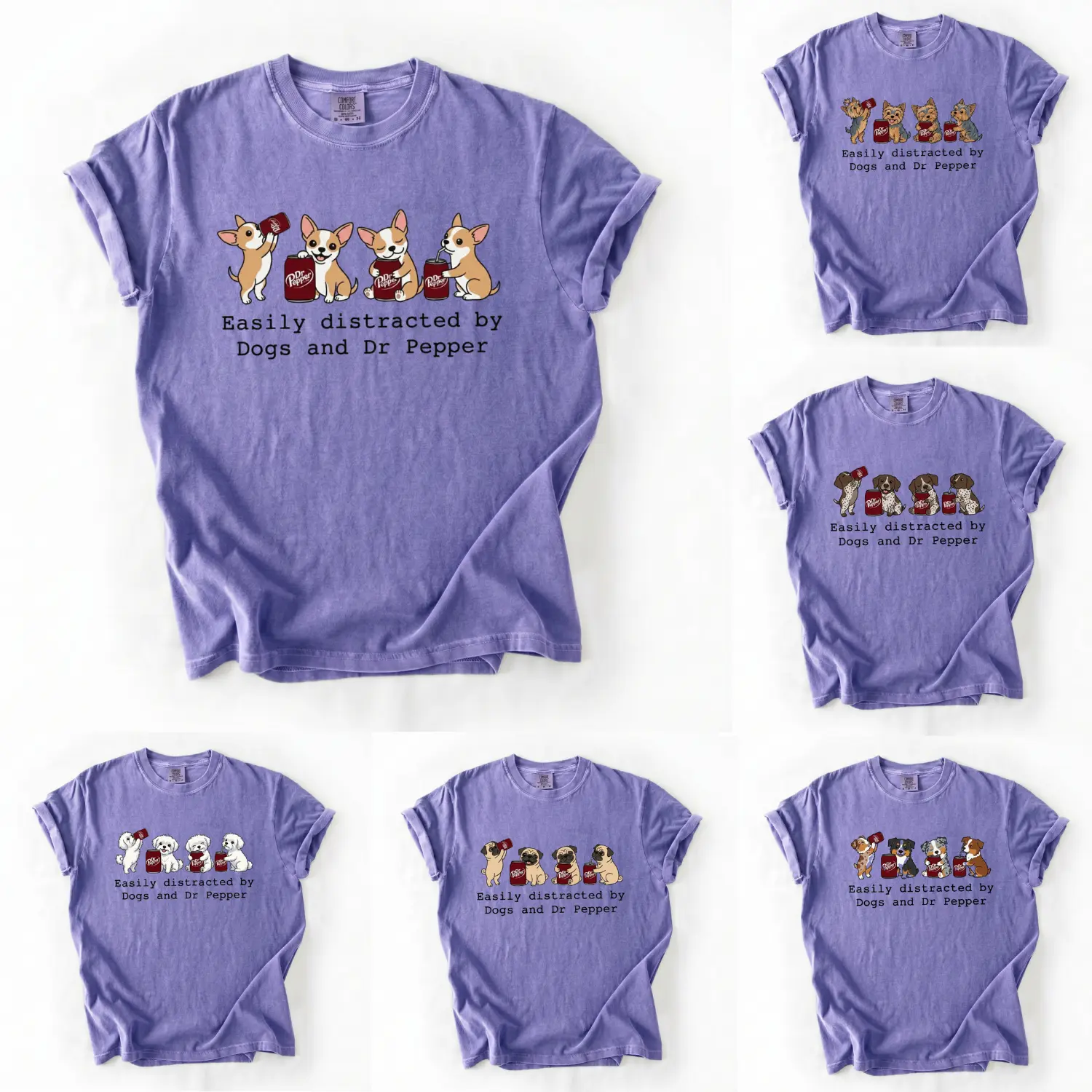 Comfort Colors 50+ Dog Breeds Easily Distracted by Dogs and Dr Pepper Shirt | Funny Soda Lover Dog Graphic Tee | Cute Dog Mom Gift