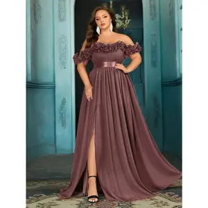 Plus Size Solid Color Three-Dimensional Flower Prom Dress One Shoulder High Waist Slit Mop Chiffon Evening Dress Wedding Guest Bridesmaid Dress