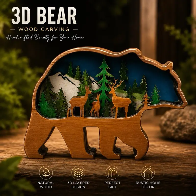 3D bear Wood Carving Animals Home Decorative