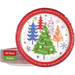 65 Pcs Christmas Paper Plates Disposable Party Plates for Dessert Dinner Appetizer Salad Cake Cookies Merry Christmas Holiday Dinnerware Party Decoration Supplies