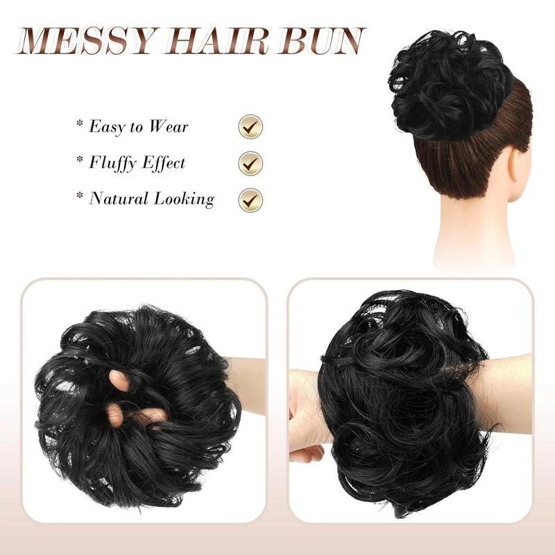 Messy Bun Hair Piece - Large Wavy Curly Elastic Hair Bun Scrunchies Ponytail Extensions Synthetic Chignon Hairpieces for n, Off Black 1.94oz