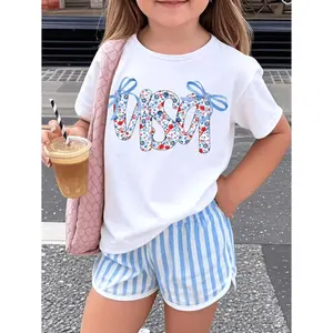 Colored "USA" Pattern T-shirt for Girls-interesting Short-sleeved T-shirt in Red, Blue and White Patterns with Cute Bow Decoration | Ideal for Outdoor Activities and Daily Wear