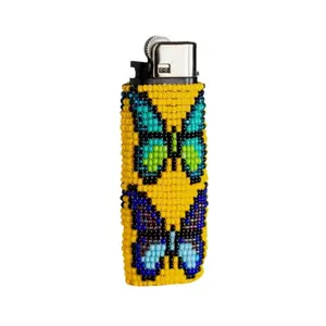 Yellow Parpar - Native Beaded Lighter Case with Butterfly Motif - Handmade by Mexican Artisans - Mother Sierra