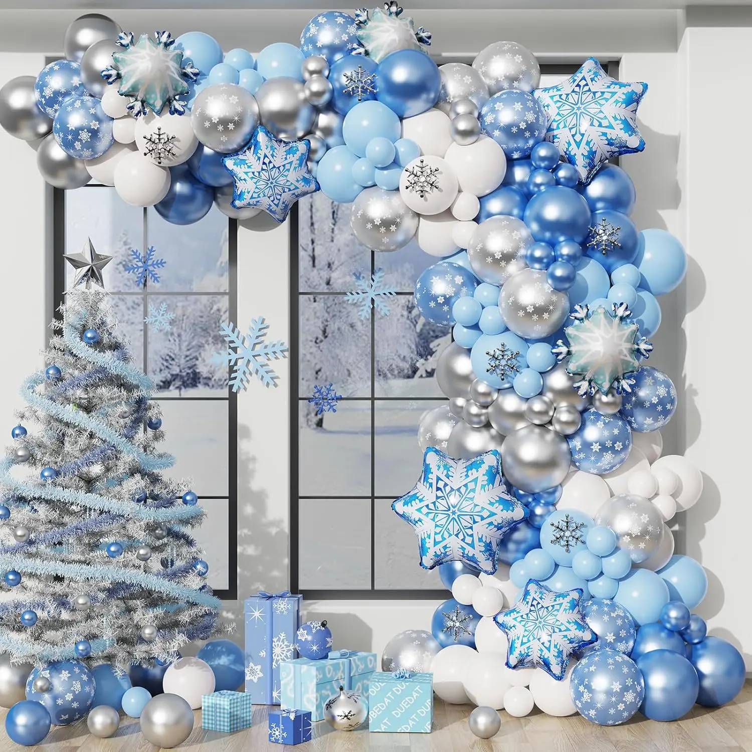 Blue Snowflake Balloon Garland Arch Kit for Winter Wonderland Holiday Christmas Baby Shower Snow Princess Birthday Party Decorations