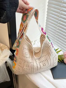 Artistic style practical texture handmade crochet hollow tote bag, fashionable and casual versatile large capacity shoulder bag, rainbow flower piece and three-dimensional small flower decoration design, suitable for playing, shopping, and socializing