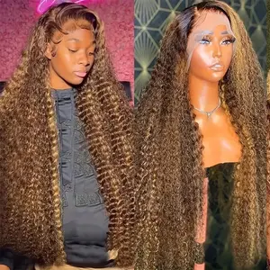 Synthetic Costume 13*4 Lace Front Wig for Black Women, Female Heat Resistant Ombre Balayage Piano Color Long Curly Big Deep Waves Full Fashion Wig Handmade Wig Hyperrealism Wig Hand Tied Wig