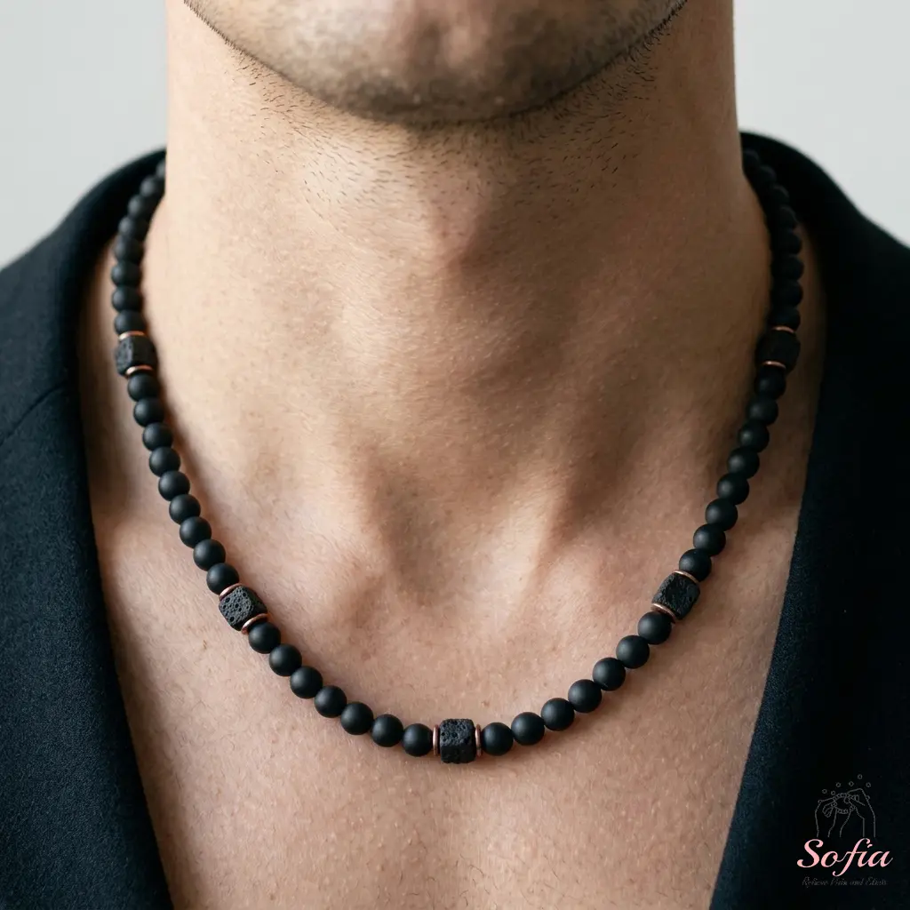 Mens Diffuser Necklace - Black Onyx Lava Rock Necklace - 10mm Beads Chunky Beaded Choker Protection Necklaces for Male, Boho Style, Adjustable