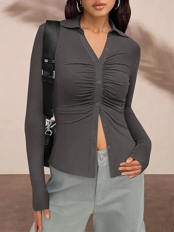 Womens' Button Down Shirts V Neck Collared Ruched Slim Fit Long Sleeve Shirt Casual Fall Fashion Ladies Tops