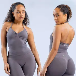 Impact Longline Strappy Top & Leggings Set Women Seamless Yoga Set Fitness Clothing Scrunch Bum Gym Legging Padded Tank Top Workout Outfits Sportswear Athletic Comfort
