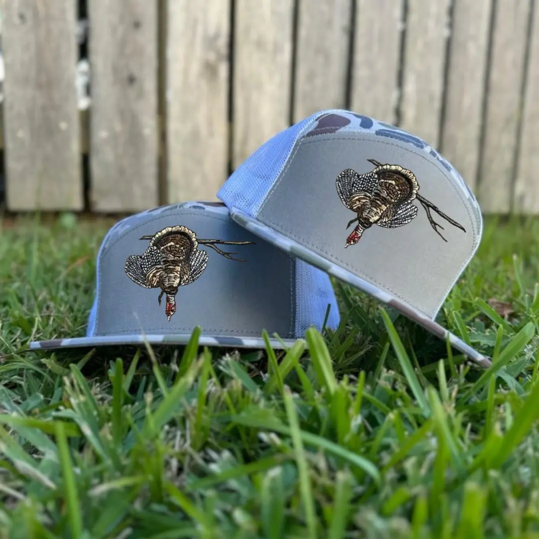 Turkey Down 7 Panel Trucker Hat | Flat Bill Mesh Snapback | Outdoor Hunting Lifestyle Cap | Embroidered Buck Logo for Men