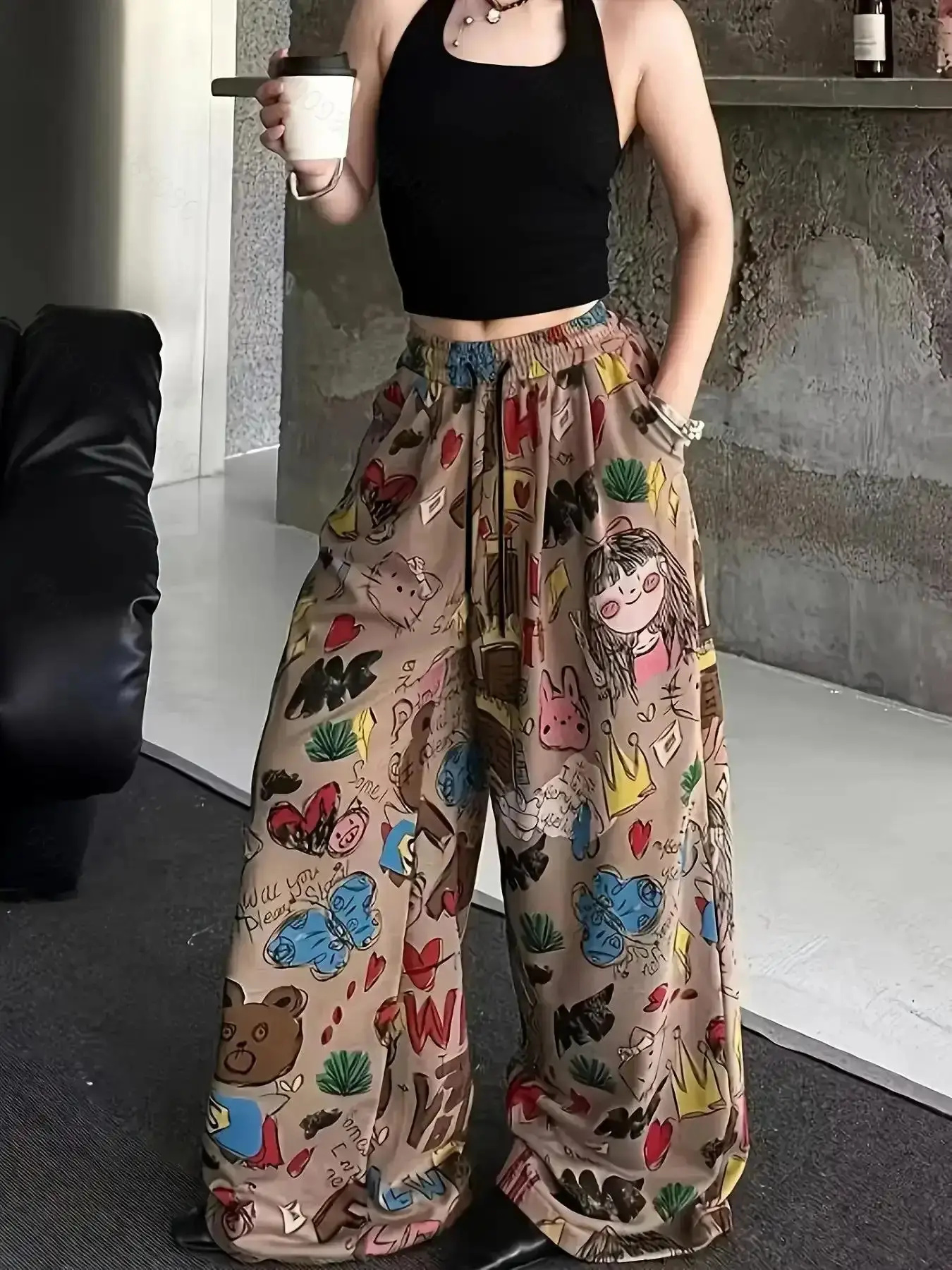 Cartoon Print Wide Leg Pants Cute Pattern Drawstring Waist Loose Fit Casual Fashion All Seasons Comfortable and Stylish Streetwear Trousers casual essential daily classic fit wardrobe modern design easy care