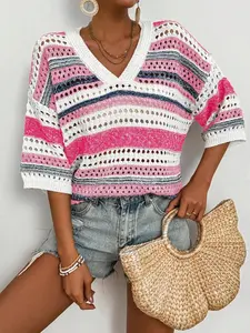 Women's Color Block Hollow Out V Neck Knit Top, Casual Fashion Top, Casual Streetwear Top, Casual Loose-Fitting Short Sleeve Beach Sweater, Retro Style Wide Fit Blouse