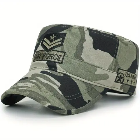 Men's Cotton Adjustable Snapback Flat Bill Camo Trucker Hat - Spring & Autumn Outdoor Military Hat with Embroidered Duck Tongue, Flat Bill Hat