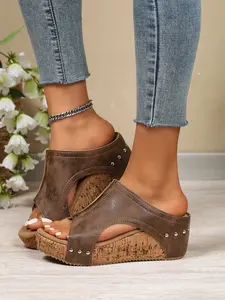 Women's Fashion Wedge Sandals, Low Wedges, Solid Color Slip-On Summer Shoes, Comfortable Round Toe Daily Wear, Casual PU Leather Rubber Sole, Wedge Heels Sandals